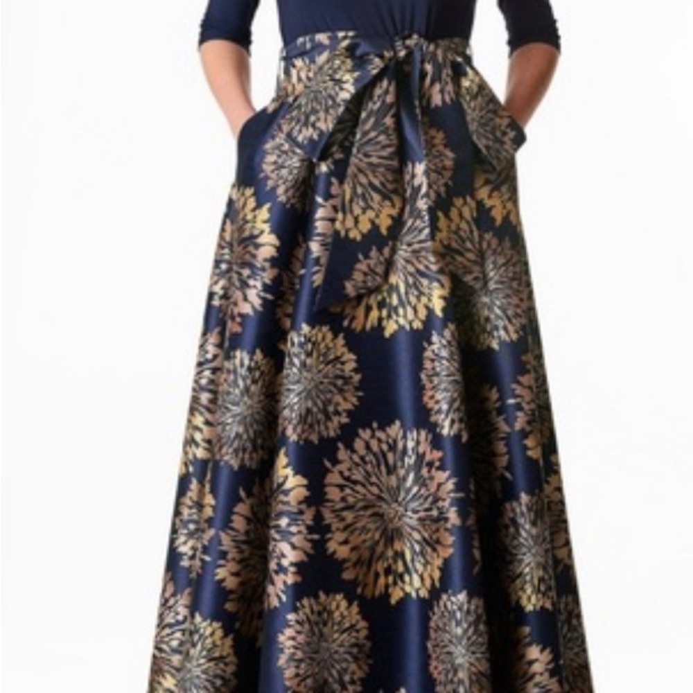 eShakti Floral Print Dupioni And- Jersey Knit with a bot neck and ankle length.